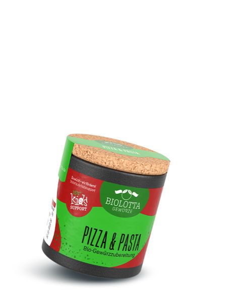 Schwarze Pappdose mit grün-rotem Etikett mit der Aufschrift Pizza & Pasta, Bio-Gewürzzubereitung