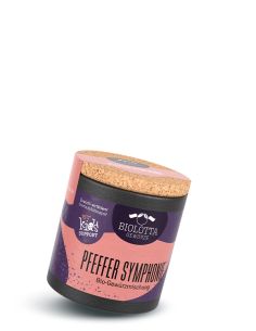 Schwarze Pappdose mit violett-rosafarbenem Etikett mit der Aufschrift Pfeffer Symphonie, Bio-Gewürzmischung