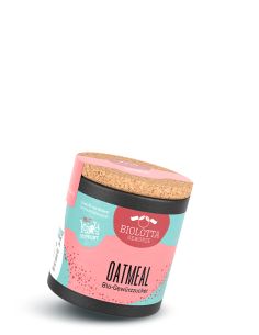Schwarze Pappdose mit mint-pinkem Etikett mit der Aufschrift Oatmeal, Bio-Gewürzzucker