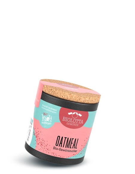 Schwarze Pappdose mit mint-pinkem Etikett mit der Aufschrift Oatmeal, Bio-Gewürzzucker