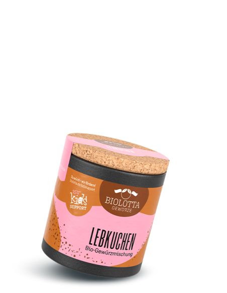 Schwarze Pappdose mit rosa-braunem Etikett mit der Aufschrift Lebkuchen, Bio-Gewürzmischung