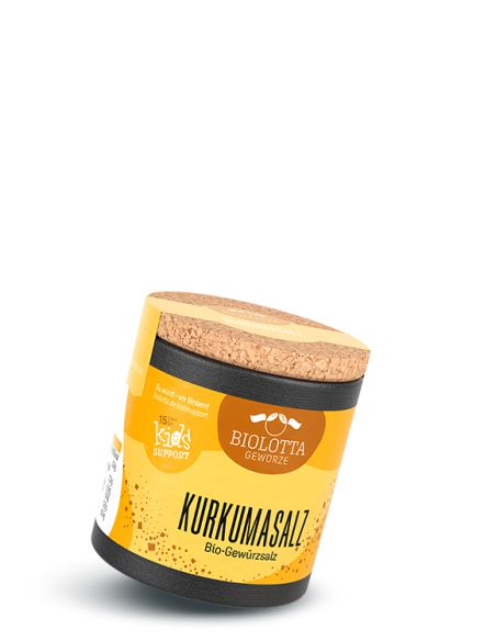 Schwarze Pappdose mit gelbem Etikett mit der Aufschrift Kurkumasalz, Bio-Gewürzsalz