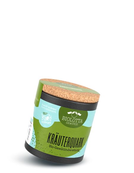Schwarze Pappdose mit hellgrün-blauem Etikett mit der Aufschrift Kräuterquark, Bio-Gewürzzubereitung