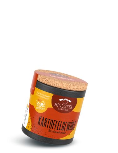 Schwarze Pappdose mit gelb-rotem Etikett mit der Aufschrift Kartoffelgewürz, Bio-Gewürzzubereitung