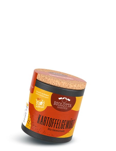 Schwarze Pappdose mit gelb-rotem Etikett mit der Aufschrift Kartoffelgewürz, Bio-Gewürzzubereitung