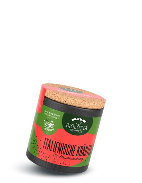 Schwarze Pappdose mit grün-rotem Etikett mit der Aufschrift Italienische Kräuter, Bio-Gewürzmischung
