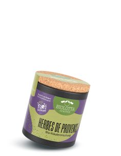 Schwarze Pappdose mit hellgrün-lila Etikett mit der Aufschrift Herbes de Provence, Bio-Gewürzmischung