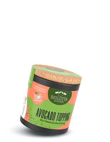 Schwarze Pappdose mit lachsfarbenem Etikett mit der Aufschrift Avocado Topping, Bio-Gewürzzubereitung