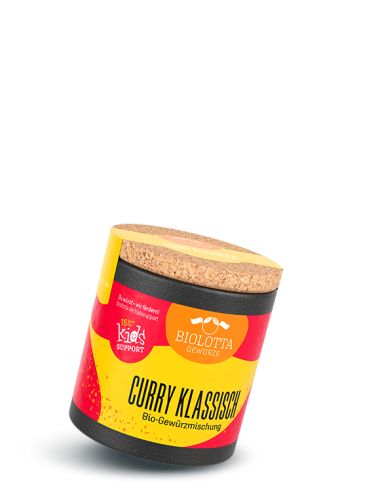 Schwarze Pappdose mit gelbem Etikett mit der Aufschrift Curry Klassisch, Bio-Gewürzmischung