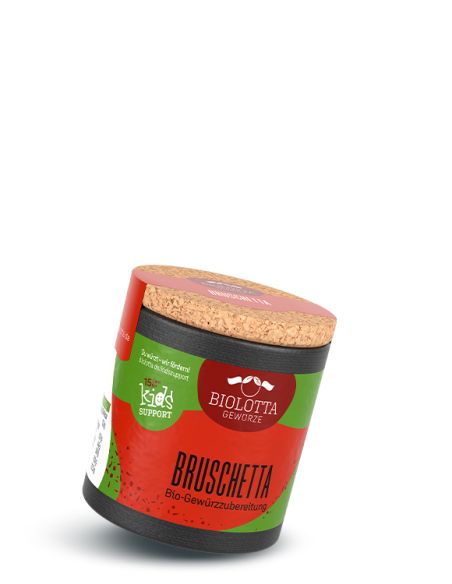 Schwarze Pappdose mit grün-rotem Etikett mit der Aufschrift Bruschetta, Bio-Gewürzzubereitung