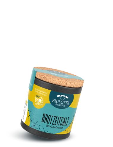 Schwarze Pappdose mit türkis-gelbem Etikett mit der Aufschrift Brotzeitsalz, Bio-Gewürzsalz