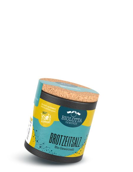 Schwarze Pappdose mit türkis-gelbem Etikett mit der Aufschrift Brotzeitsalz, Bio-Gewürzsalz