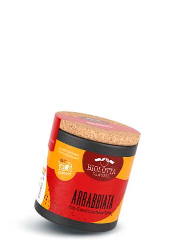 Schwarze Pappdose mit rotem und gelbem Etikett mit der Aufschrift Arrabbiata, Bio-Gewürzzubereitung
