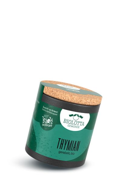 Schwarze Pappdose mit türkisgrünem Etikett mit der Aufschrift Thymian, gerebelt, bio