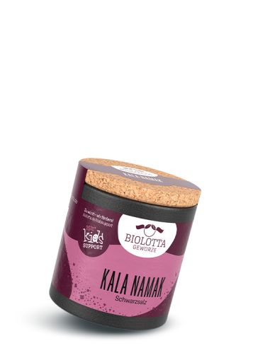 Schwarze Pappdose mit violettem Etikett mit der Aufschrift Kala Namak, Schwarzsalz