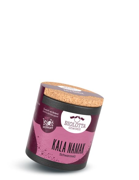 Schwarze Pappdose mit violettem Etikett mit der Aufschrift Kala Namak, Schwarzsalz