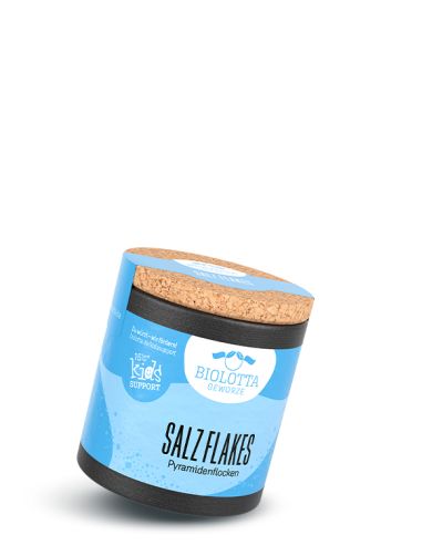 Schwarze Pappdose mit hellblauem Etikett mit der Aufschrift „Salz Flakes“.