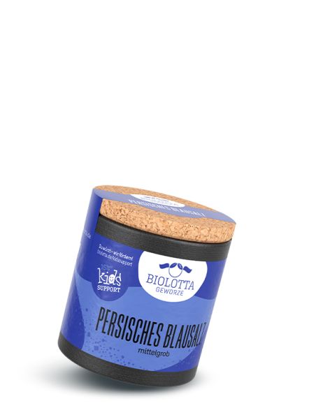 Schwarze Pappdose mit blauem Etikett mit der Aufschrift Persisches Blausalz, mittelgrob
