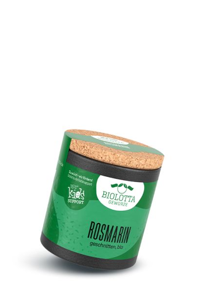 Schwarze Pappdose mit grünem Etikett mit der Aufschrift Rosmarin, geschnitten, bio