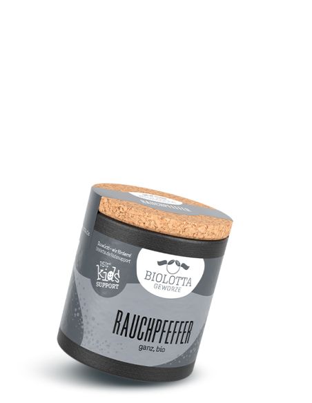 Schwarze Pappdose mit grauem Etikett mit der Aufschrift Rauchpfeffer, ganz, bio