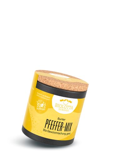 Gelbe Gewürzdose mit schwarzem Boden und Korkdeckel, Aufschrift "Bunter Pfeffer-Mix".