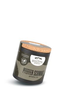 Runde Gewürzdose mit der Aufschrift „Pfeffer Schwarz“, braun-grauem Etikett und Korkdeckel.