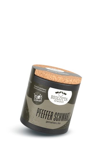 Runde Gewürzdose mit der Aufschrift „Pfeffer Schwarz“, braun-grauem Etikett und Korkdeckel.