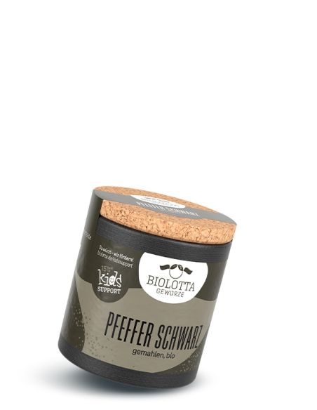 Runde Gewürzdose mit der Aufschrift „Pfeffer Schwarz“, braun-grauem Etikett und Korkdeckel.