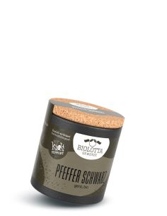 Schwarze Bio_Pappdose mit Etikett und Korkdeckel, beschriftet mit „Pfeffer Schwarz ganz, bio“.