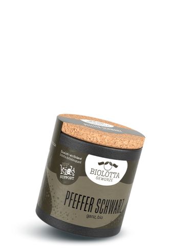 Schwarze Bio_Pappdose mit Etikett und Korkdeckel, beschriftet mit „Pfeffer Schwarz ganz, bio“.