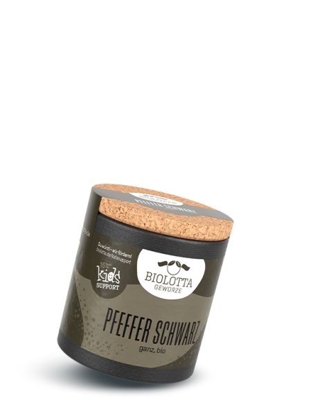 Schwarze Bio_Pappdose mit Etikett und Korkdeckel, beschriftet mit „Pfeffer Schwarz ganz, bio“.