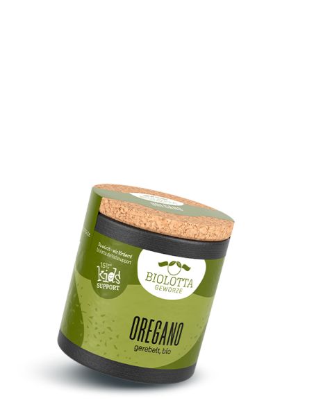 Grüne Gewürzdose mit schwarzem Boden und Korkdeckel, beschriftet mit "oregano gerebelt, bio".