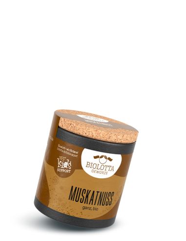 Runde, braune Gewürzdose mit Korkdeckel und schwarzem Bodenring. Auf dem Etikett steht „Muskatnuss ganz, bio“.