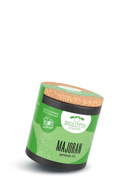 Grüne Gewürzdose mit braunem Korkdeckel, darauf das Etikett mit der Aufschrift „Majoran, gerebelt, bio“.