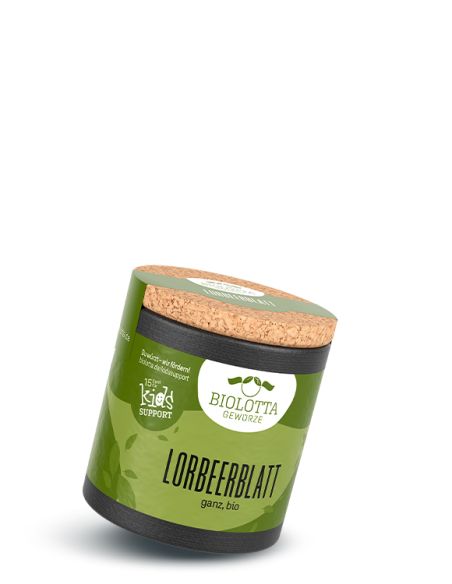 Grüne Gewürzdose mit Korkdeckel, darauf steht "Lorbeerblatt, ganz, bio".