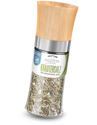 Transparente Gewürzmühle mit Holzdeckel und grünem Etikett „Kräutersalz“.