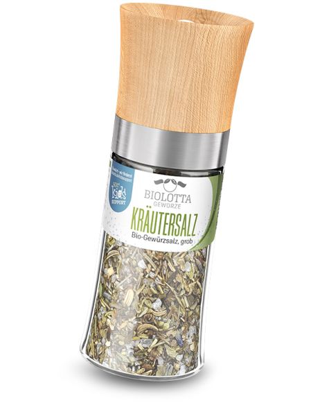 Transparente Gewürzmühle mit Holzdeckel und grünem Etikett „Kräutersalz“.