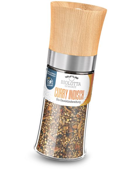 Transparente Gewürzmühle mit orangem Etikett mit der Aufschrift „CURRY INDISCH – Bio-Gewürzzubereitung“ und Holzdeckel.