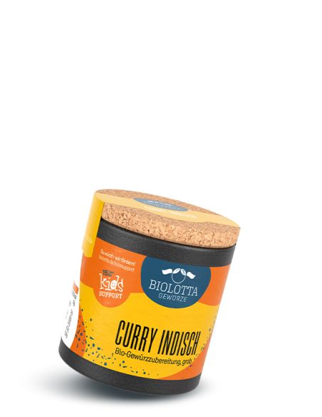 Schwarze Pappdose mit orange-gelbem Etikett mit der Aufschrift Curry Indisch, Bio-Gewürzzubereitung