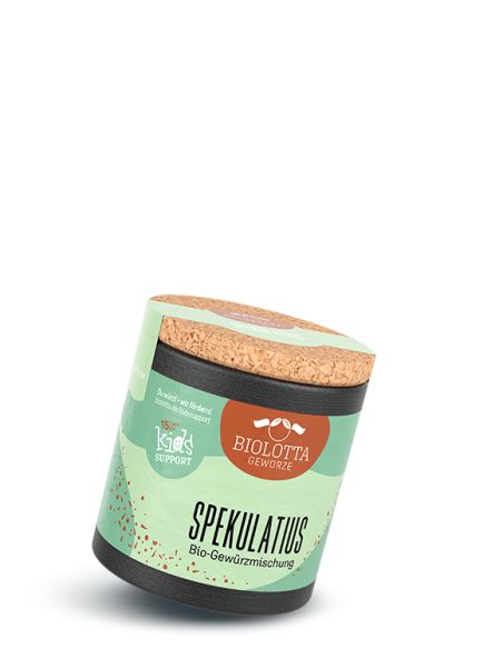 Schwarze Pappdose mit mintgrünem Etikett mit der Aufschrift Spekulatius, Bio-Gewürzmischung