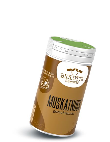 Grüner Gewürzstreuer mit braunem Etikett mit der Aufschrift Muskatnuss, gemahlen, bio