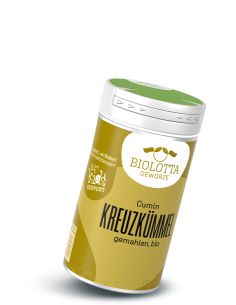 Gewürzstreuer mit olivgrünem Etikett mit der Aufschrift Cumin Kreuzkümmel, gemahlen, bio