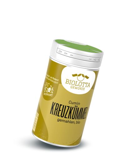 Gewürzstreuer mit olivgrünem Etikett mit der Aufschrift Cumin Kreuzkümmel, gemahlen, bio
