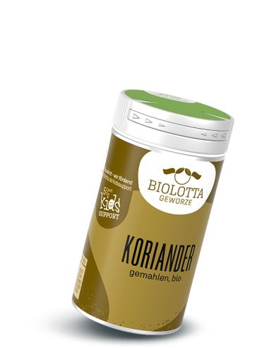 Gewürzstreuer mit olivgrünem Etikett mit der Aufschrift Koriander, gemahlen, bio