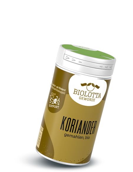 Gewürzstreuer mit olivgrünem Etikett mit der Aufschrift Koriander, gemahlen, bio