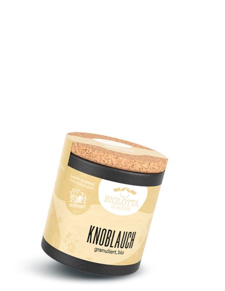Beige Pappdose mit schwarzem Boden und Korkdeckel, darauf steht „Knoblauch, granuliert, bio“.