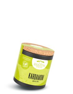 Grüne Pappdose mit Korkdeckel und der Aufschrift „Kardamom“