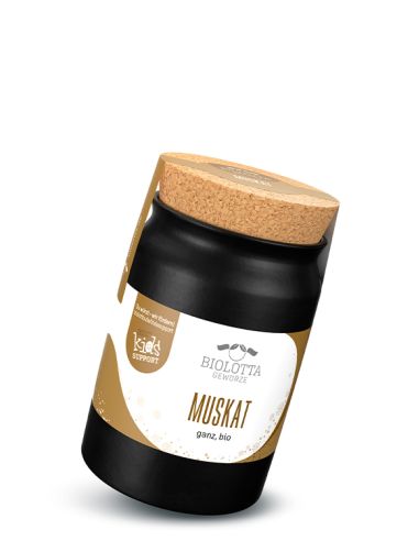 Schwarzes Keramiktöpfchen mit beige-weißem Etikett mit der Aufschrift „MUSKAT“.