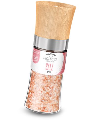 Transparente Gewürzmühle mit rosa Etikett mit der Aufschrift „SALZ grob“ und Holzdeckel.