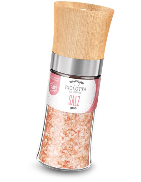 Transparente Gewürzmühle mit rosa Etikett mit der Aufschrift „SALZ grob“ und Holzdeckel.
